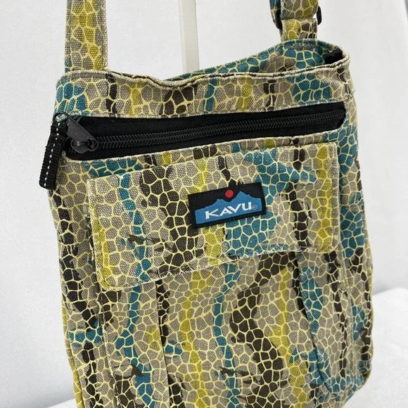 Kavu Canvas Crossbody Purse Snakeskin Pattern Teal Khaki Beige Black Small - Picture 3 of 6
